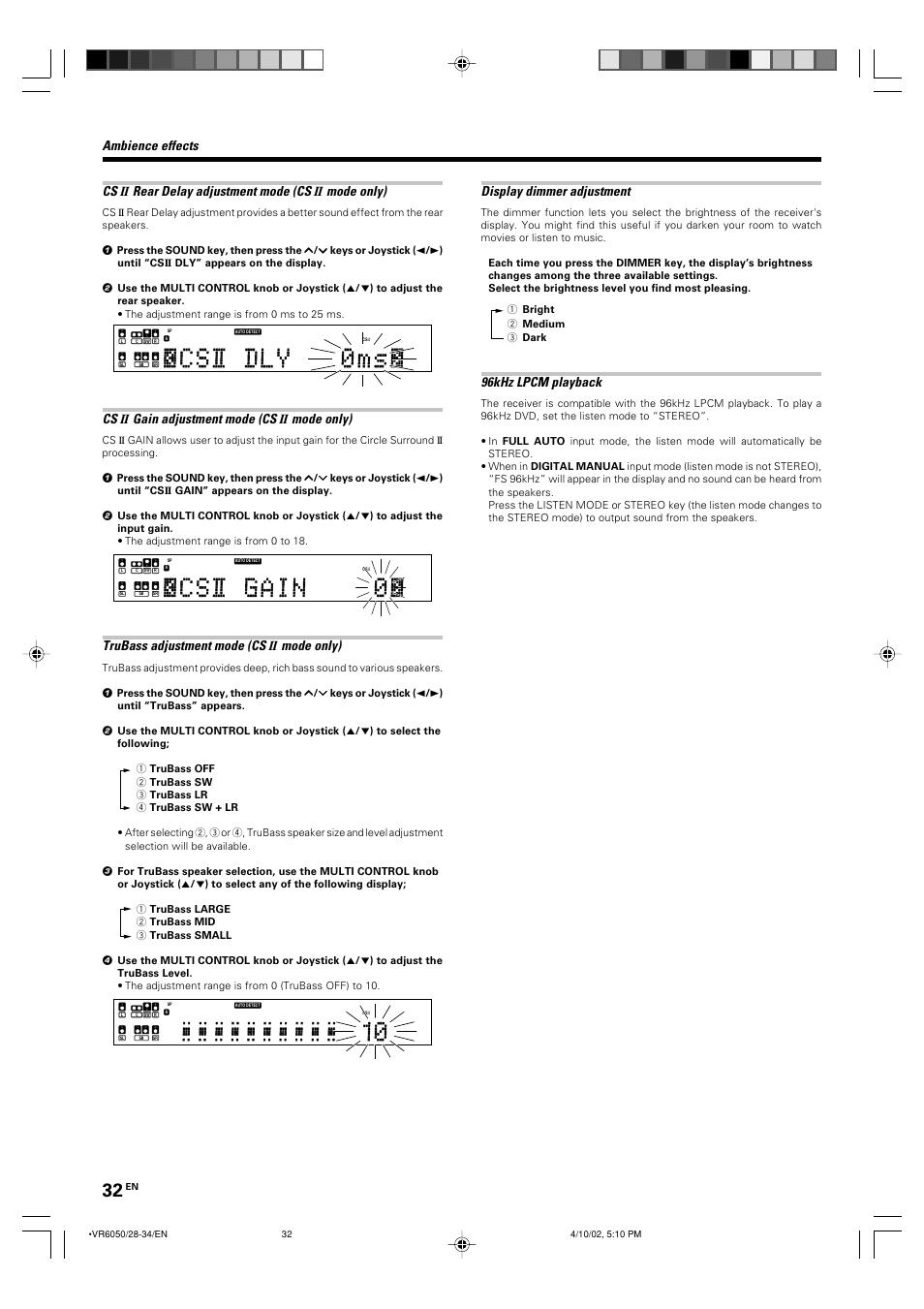 Ambience effects cs, Rear delay adjustment mode (cs, Mode only) | Gain adjustment mode (cs, Trubass adjustment mode (cs, Display dimmer adjustment, 96khz lpcm playback | Kenwood KRF-V7060D User Manual | Page 32 / 44