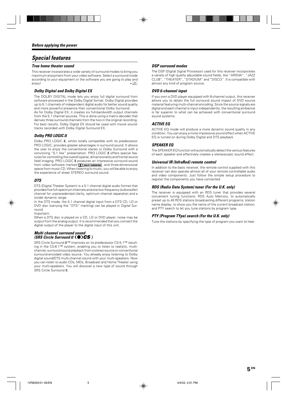 Special features | Kenwood KRF-V7060D User Manual | Page 5 / 44