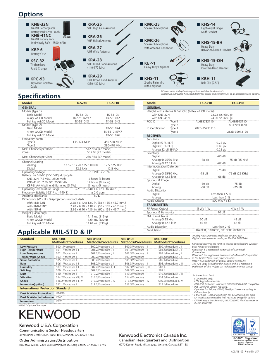 Options specifications applicable mil-std & ip, Knb-32n, Knb-41nc | Kbp-6, Ksc-32, Kpg-93, Kra-25, Kra-26, Kra-27, Kra-28 | Kenwood TK-5210 User Manual | Page 2 / 2