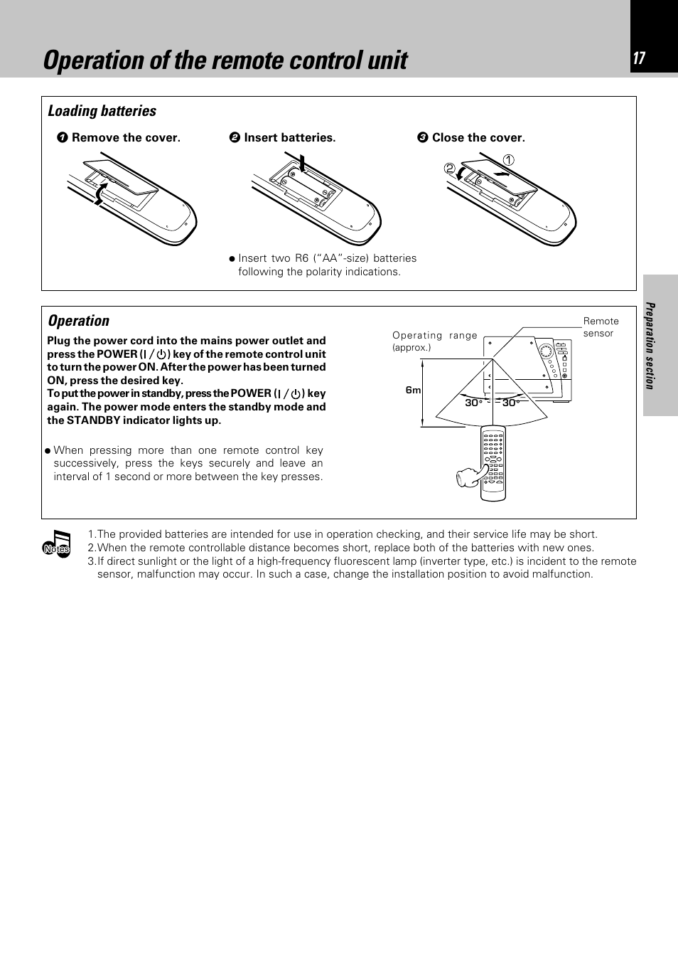 Operation of the remote control unit, Loading batteries, Operation | Kenwood NV-701 User Manual | Page 17 / 76