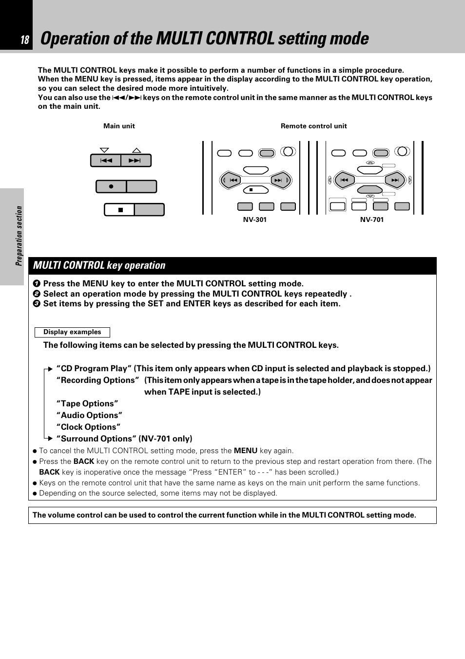Operation of the multi control setting mode, Multi control key operation | Kenwood NV-701 User Manual | Page 18 / 76