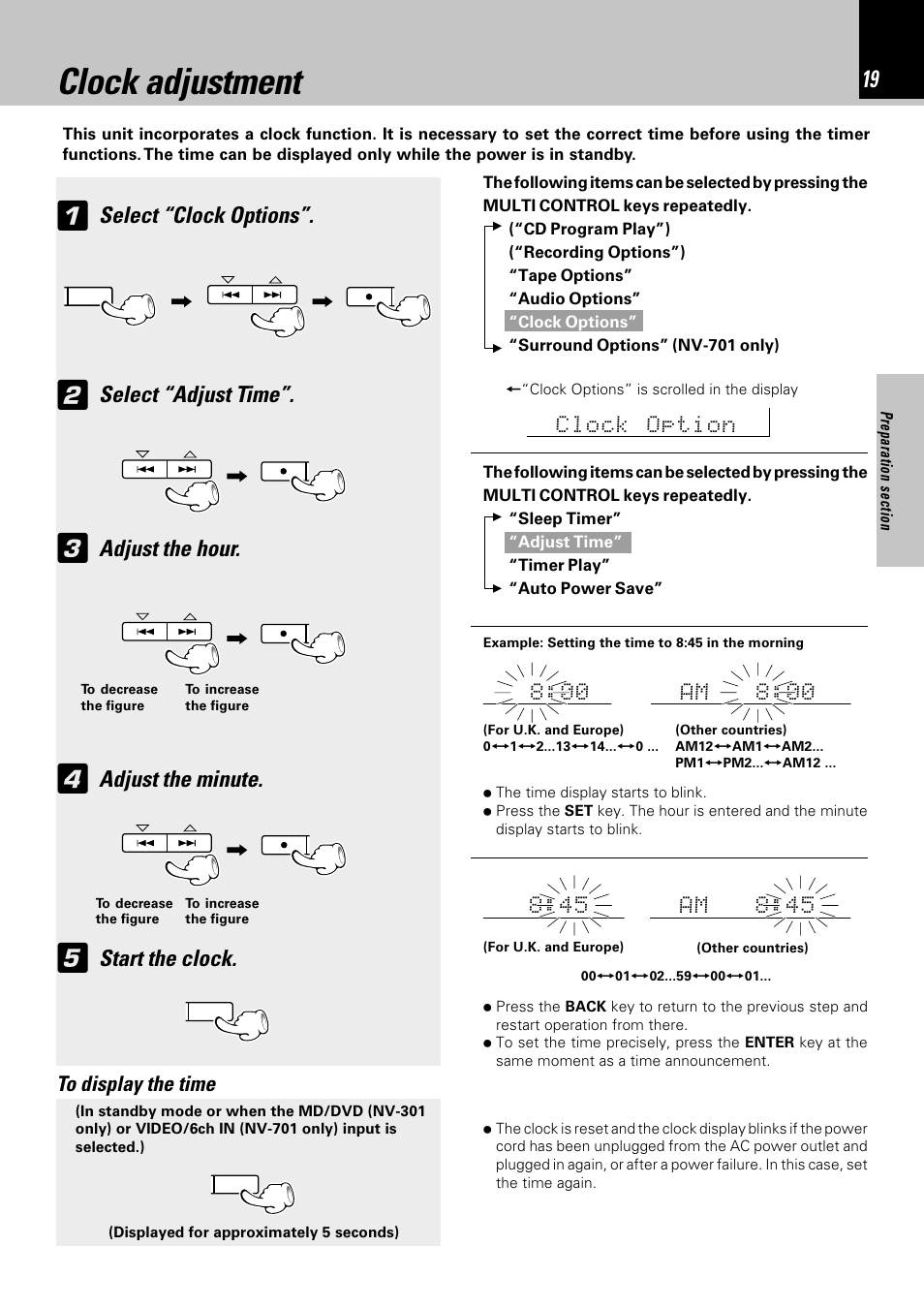 Clock adjustment, Select “clock options, Select “adjust time | Adjust the hour, Adjust the minute, Start the clock | Kenwood NV-701 User Manual | Page 19 / 76