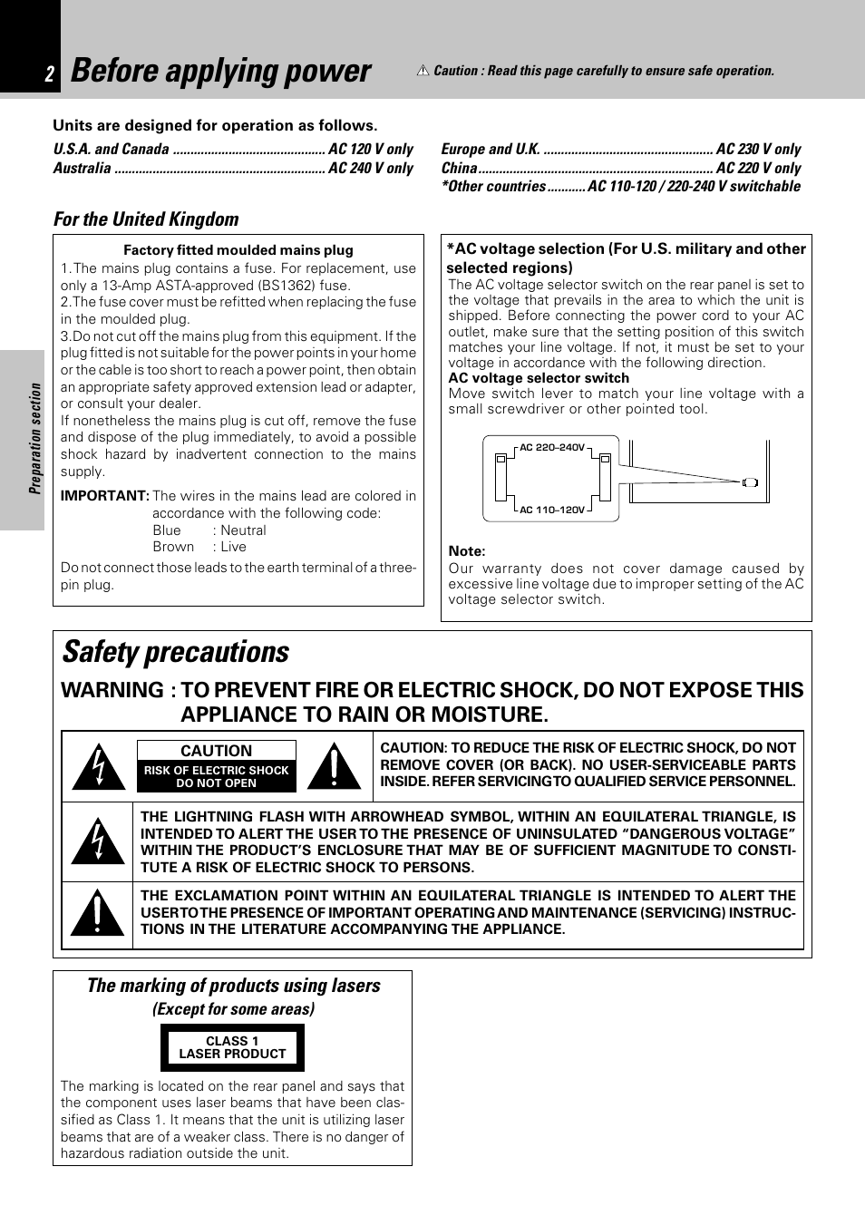 Before applying power, Safety precautions, For the united kingdom | The marking of products using lasers | Kenwood NV-701 User Manual | Page 2 / 76
