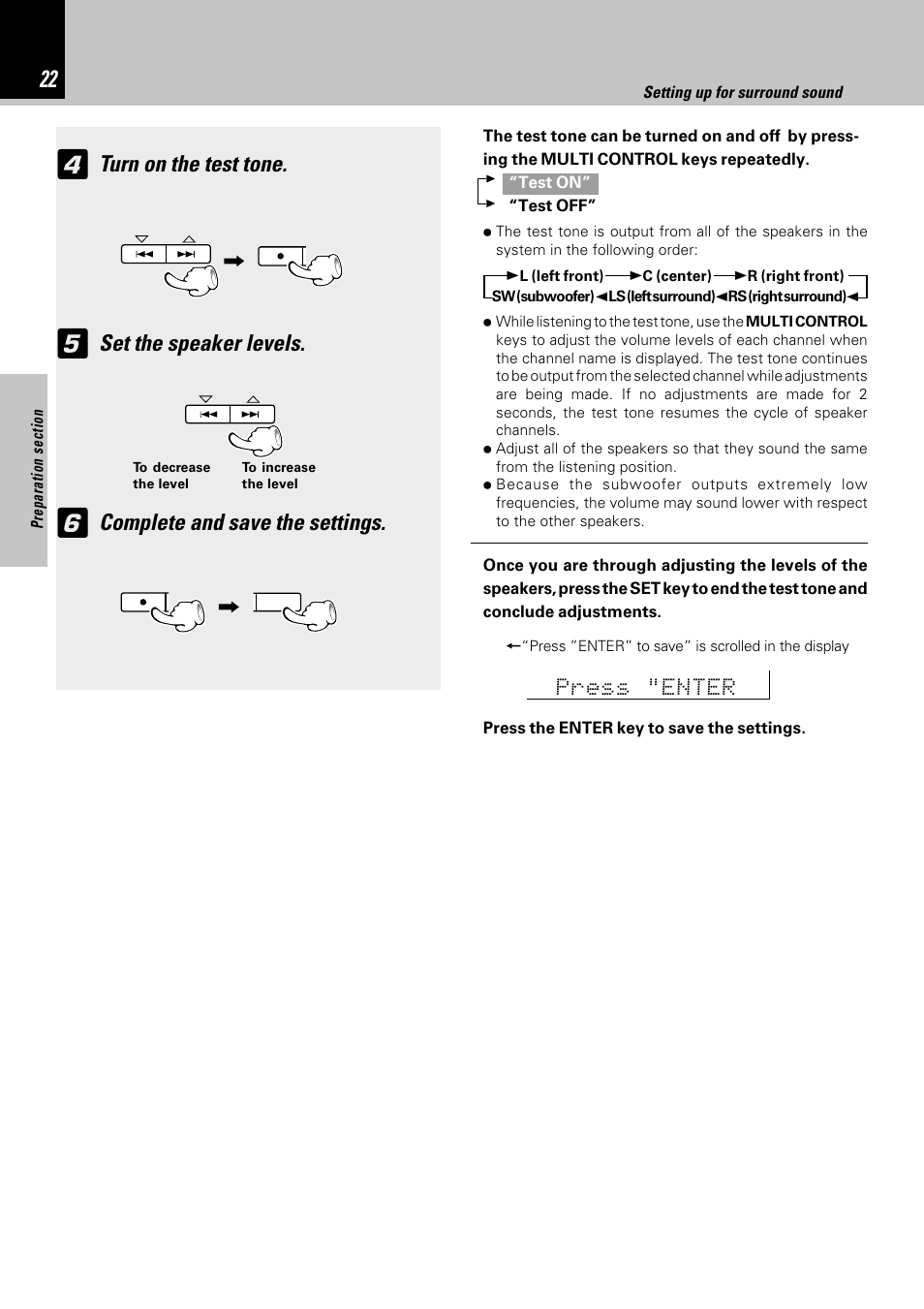 Turn on the test tone, Set the speaker levels, Complete and save the settings | Kenwood NV-701 User Manual | Page 22 / 76