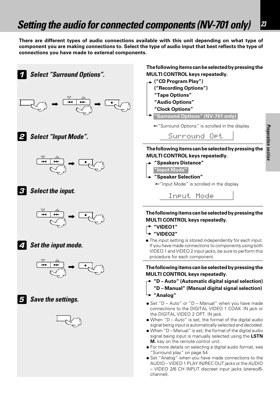Select “surround options, Select “input mode, Select the input | Set the input mode, Save the settings | Kenwood NV-701 User Manual | Page 23 / 76