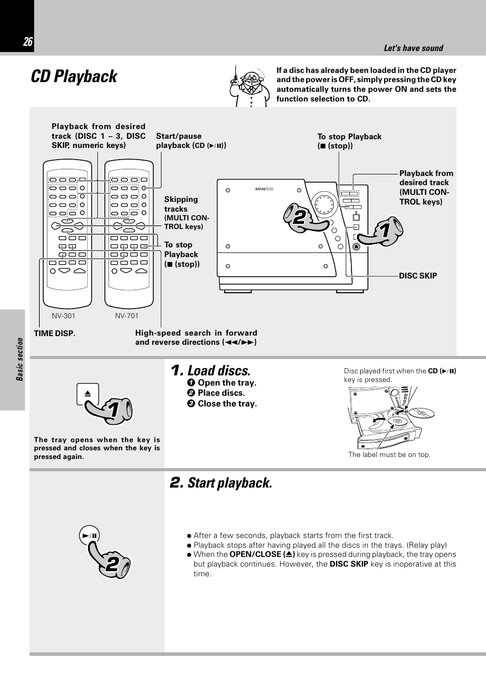 Cd playback, Load discs, Start playback | Kenwood NV-701 User Manual | Page 26 / 76