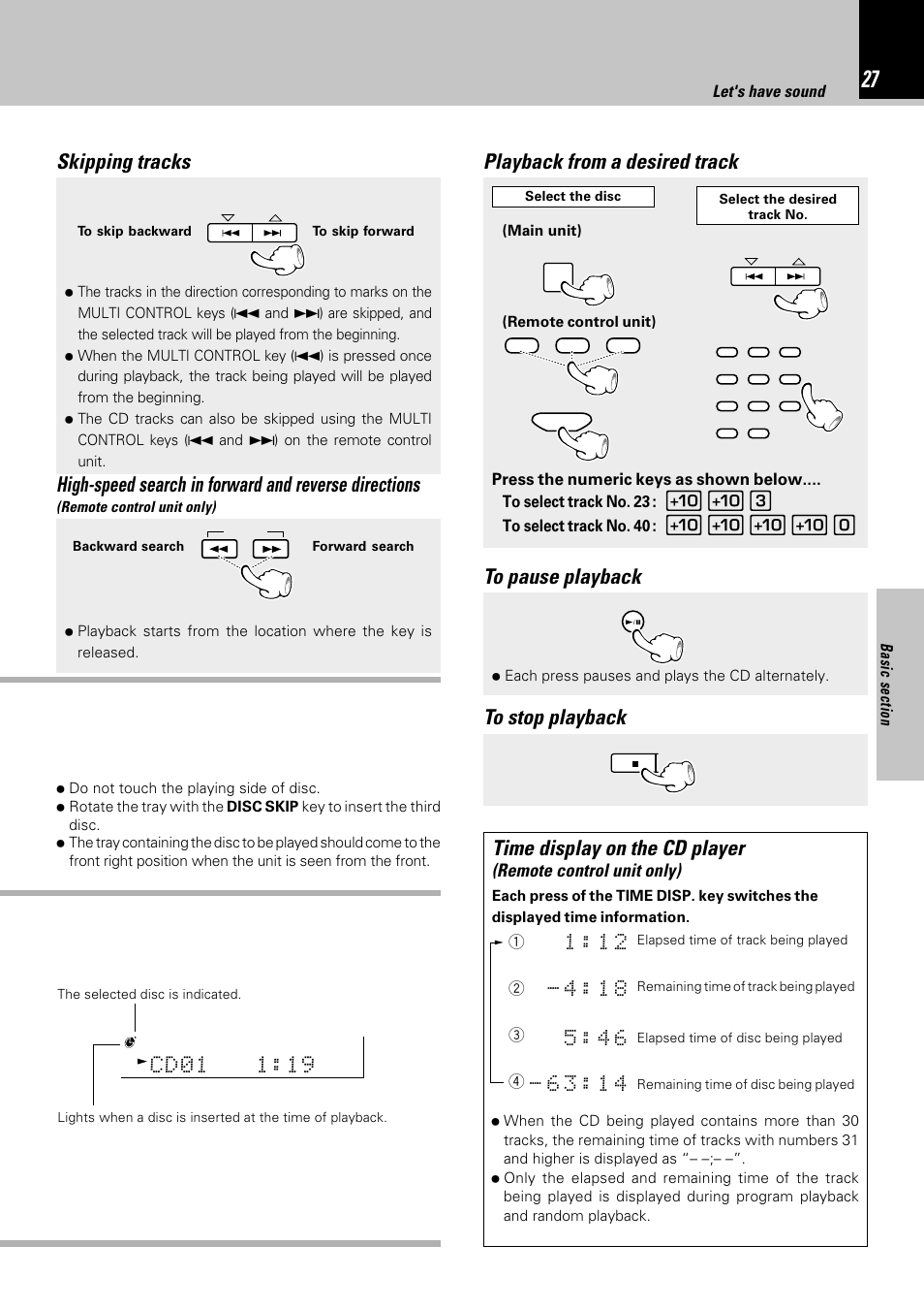 Time display on the cd player, Skipping tracks, Remote control unit only) | Kenwood NV-701 User Manual | Page 27 / 76