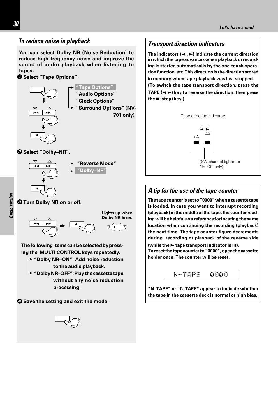 A tip for the use of the tape counter, Transport direction indicators | Kenwood NV-701 User Manual | Page 30 / 76