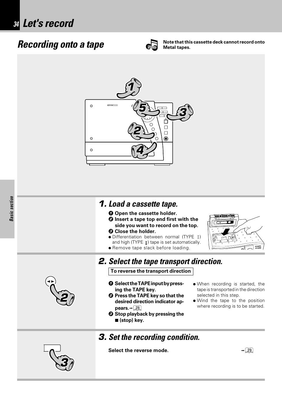 Let's record, Recording onto a tape, Set the recording condition | Kenwood NV-701 User Manual | Page 34 / 76