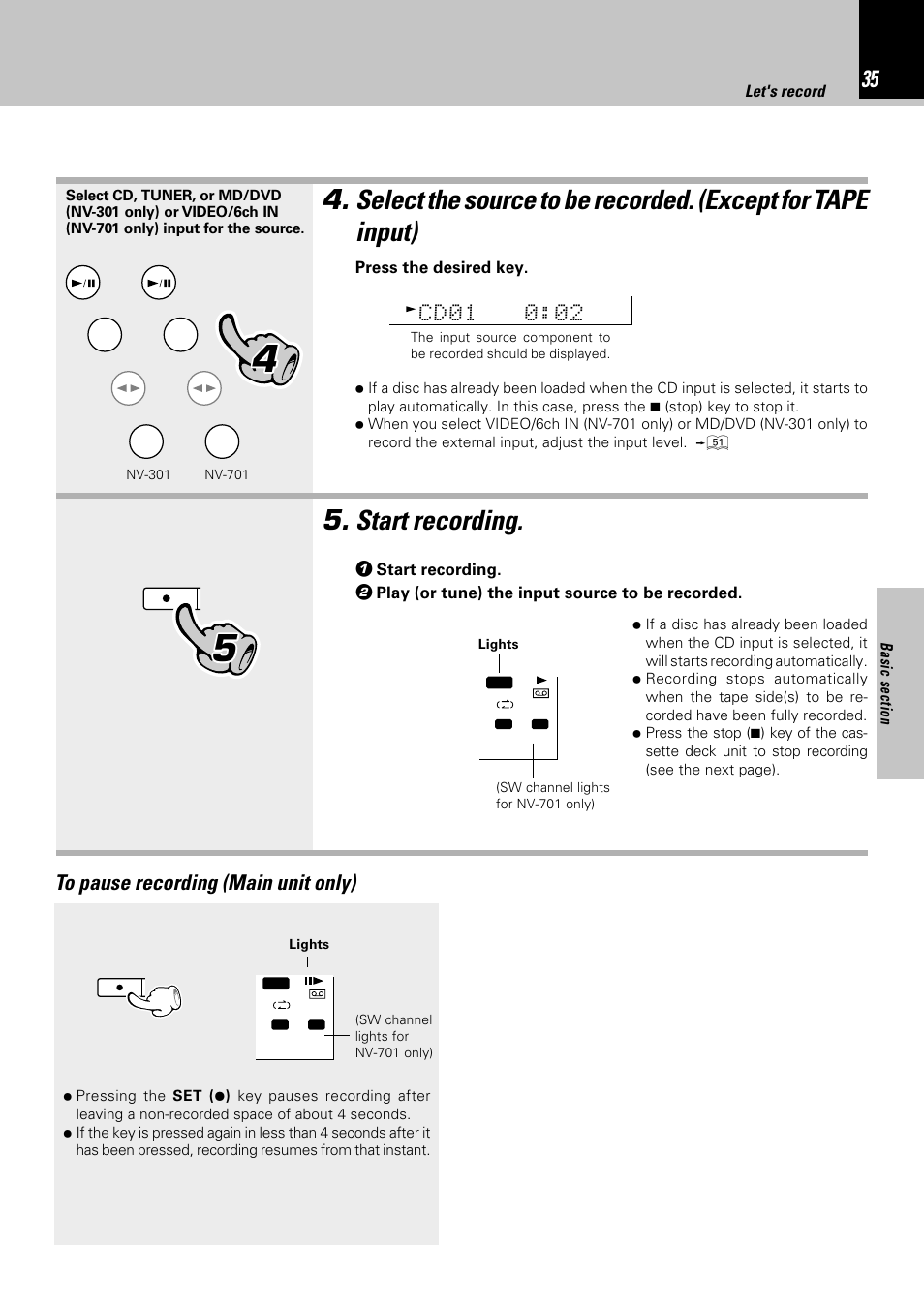 Start recording | Kenwood NV-701 User Manual | Page 35 / 76