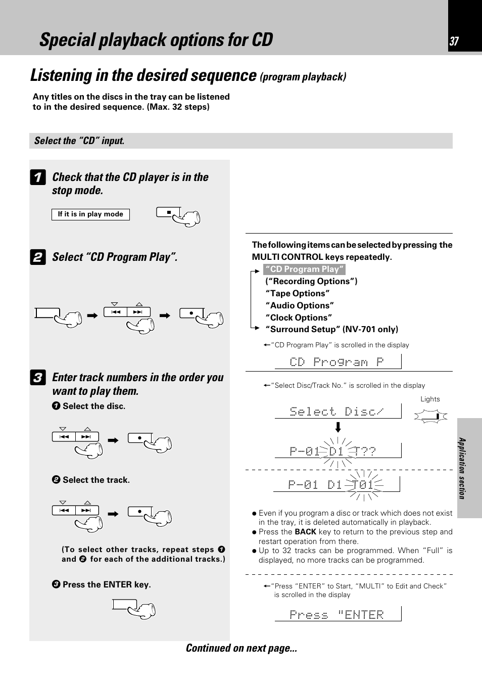Special playback options for cd, Listening in the desired sequence, Check that the cd player is in the stop mode | Select “cd program play, Program playback), Continued on next page | Kenwood NV-701 User Manual | Page 37 / 76