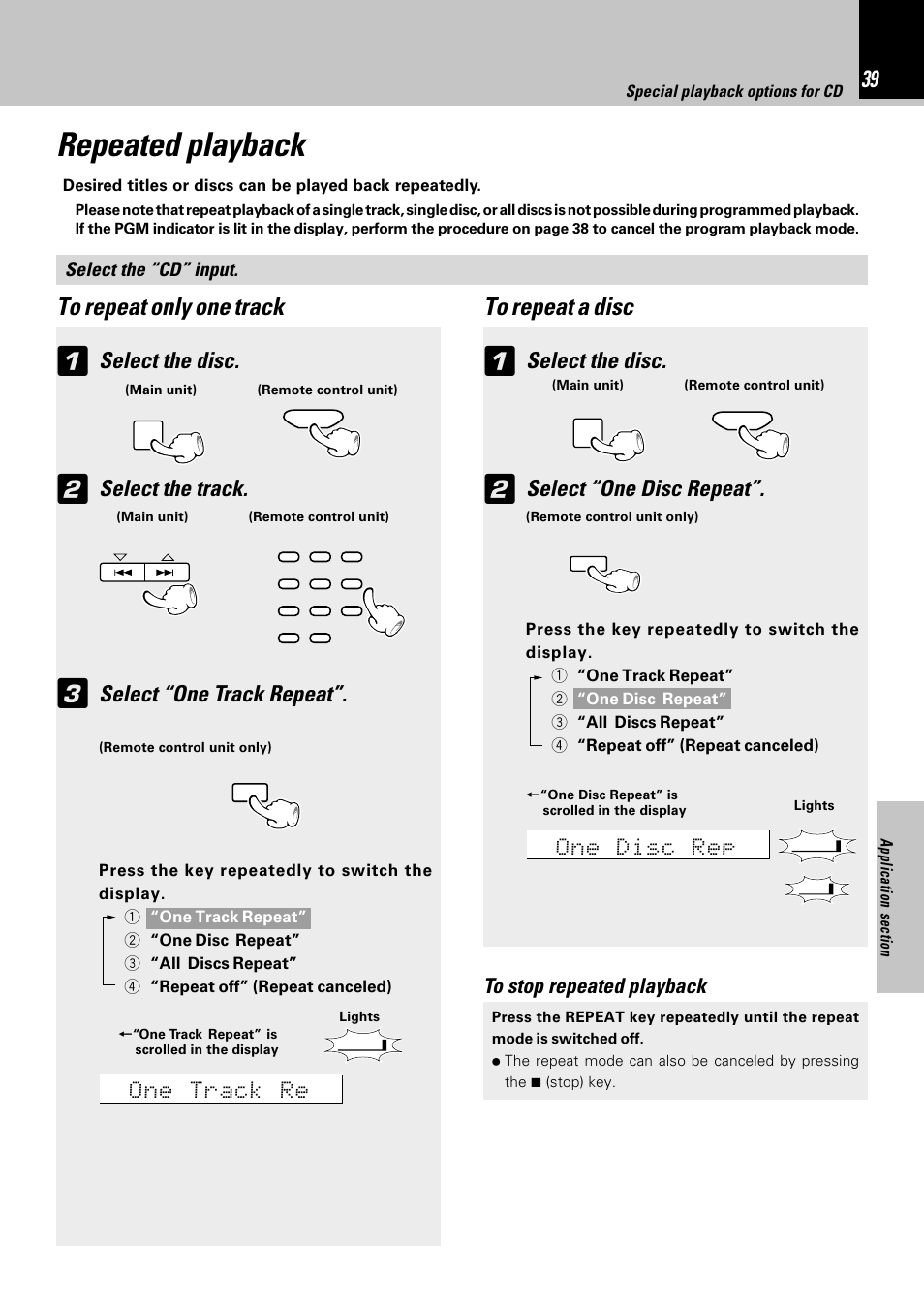 Repeated playback, Select the disc, Select the track | Select “one track repeat, Select “one disc repeat, Select the “cd” input | Kenwood NV-701 User Manual | Page 39 / 76