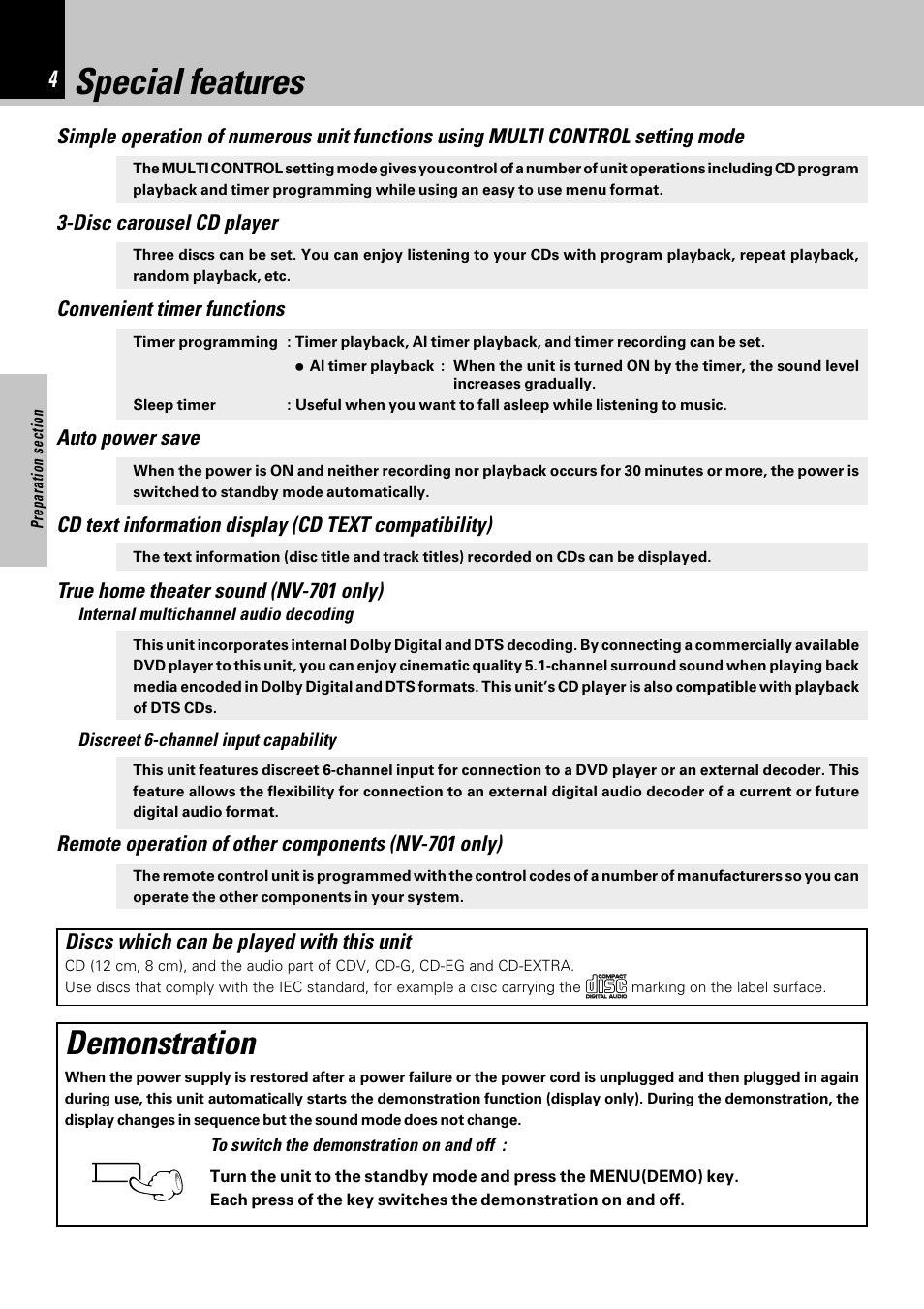 Special features, Demonstration, Disc carousel cd player | Convenient timer functions, Auto power save, True home theater sound (nv-701 only), Remote operation of other components (nv-701 only), Discs which can be played with this unit | Kenwood NV-701 User Manual | Page 4 / 76
