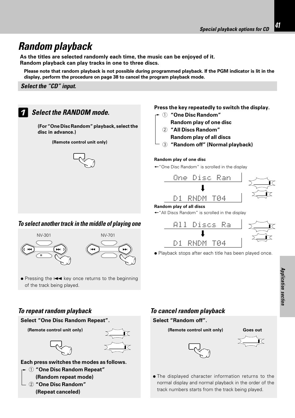 Random playback, Select the random mode, Select the “cd” input | Kenwood NV-701 User Manual | Page 41 / 76