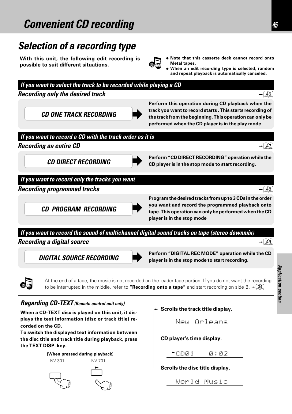 Convenient cd recording, Selection of a recording type | Kenwood NV-701 User Manual | Page 45 / 76