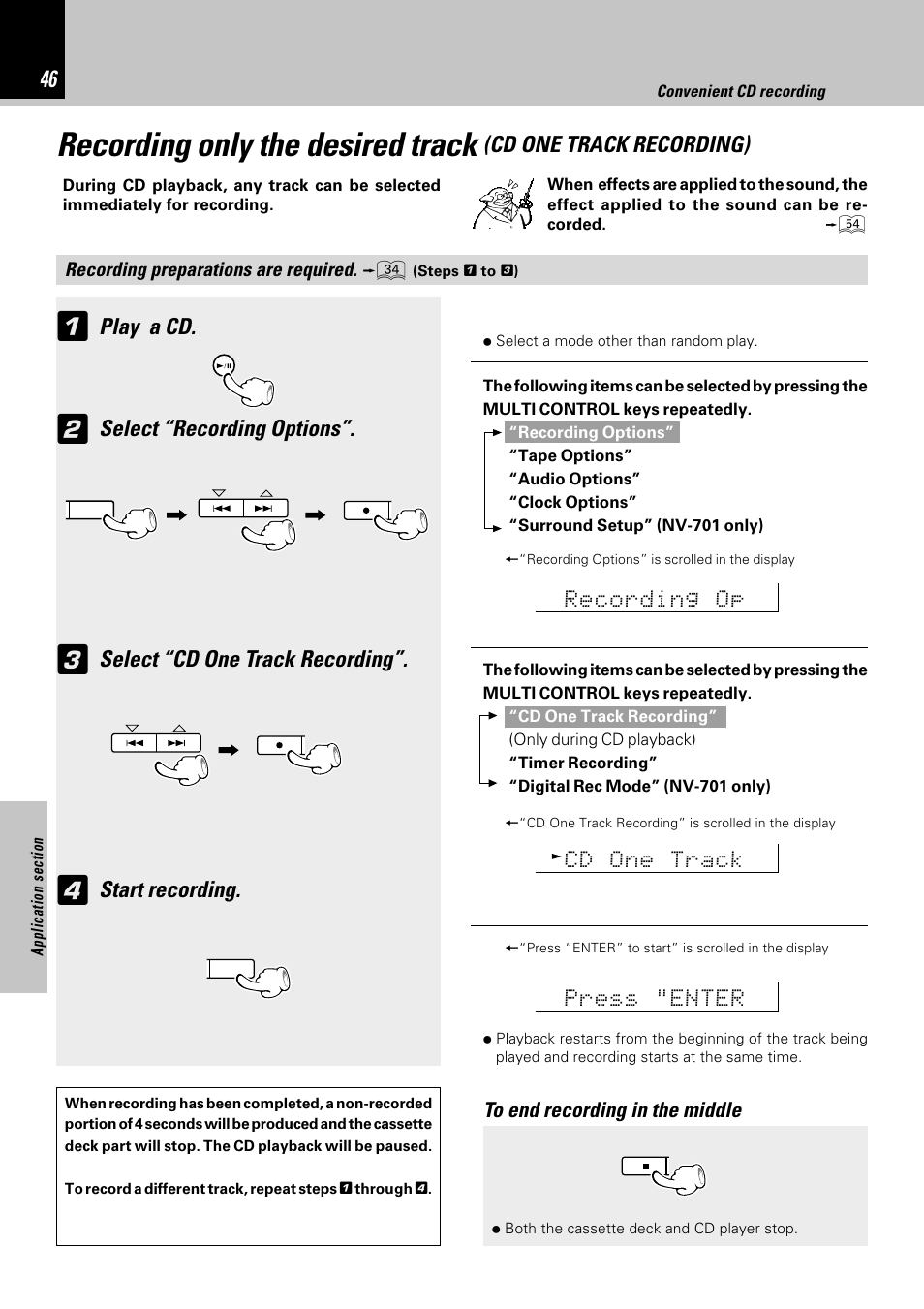 Recording only the desired track, Play a cd, Select “recording options | Select “cd one track recording, Start recording, Cd one track recording) | Kenwood NV-701 User Manual | Page 46 / 76