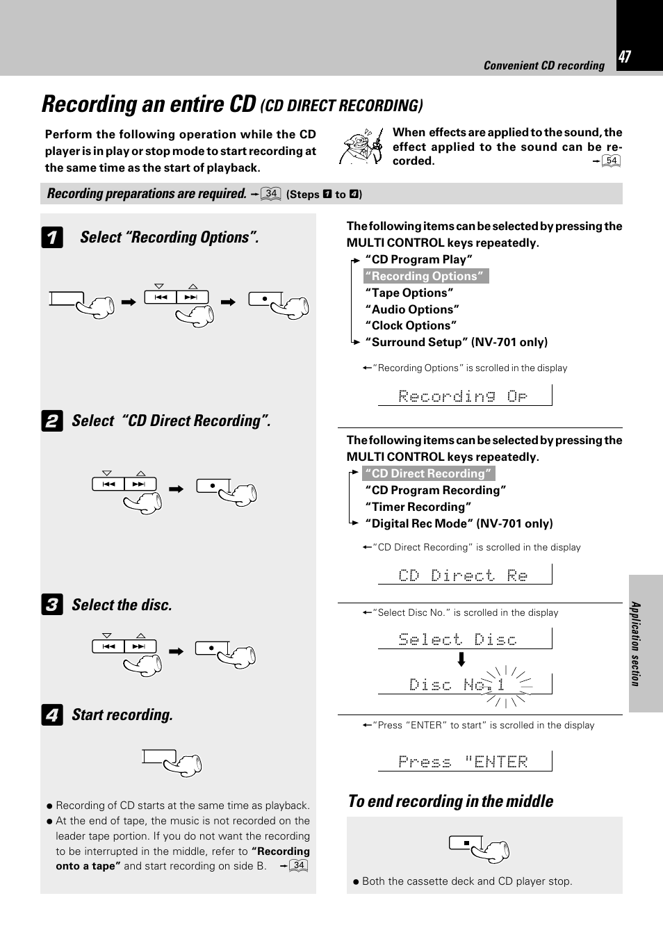Recording an entire cd, Select “recording options, Select “cd direct recording | Select the disc, Start recording, Cd direct recording) | Kenwood NV-701 User Manual | Page 47 / 76