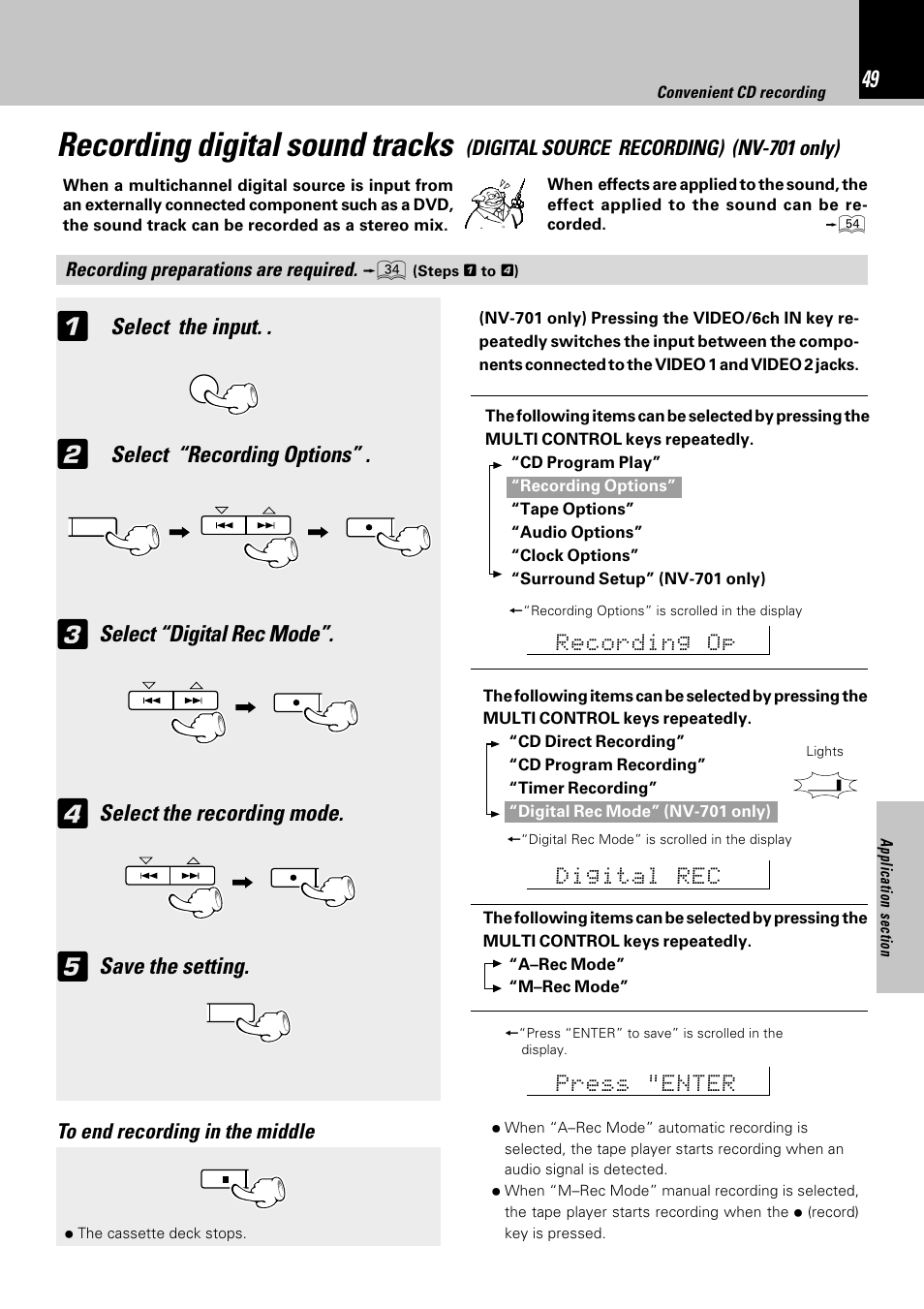 Recording digital sound tracks, Select the input, Select “recording options | Select “digital rec mode, Select the recording mode, Save the setting, Digital source recording) (nv-701 only) | Kenwood NV-701 User Manual | Page 49 / 76