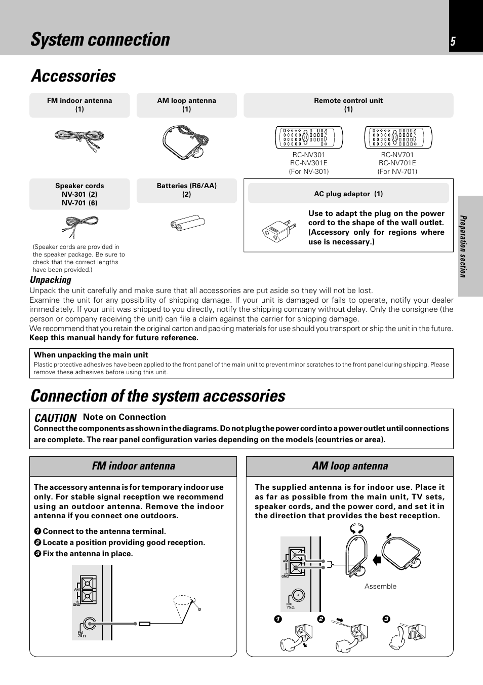 System connection, Accessories, Connection of the system accessories | Caution, Fm indoor antenna am loop antenna, Unpacking | Kenwood NV-701 User Manual | Page 5 / 76