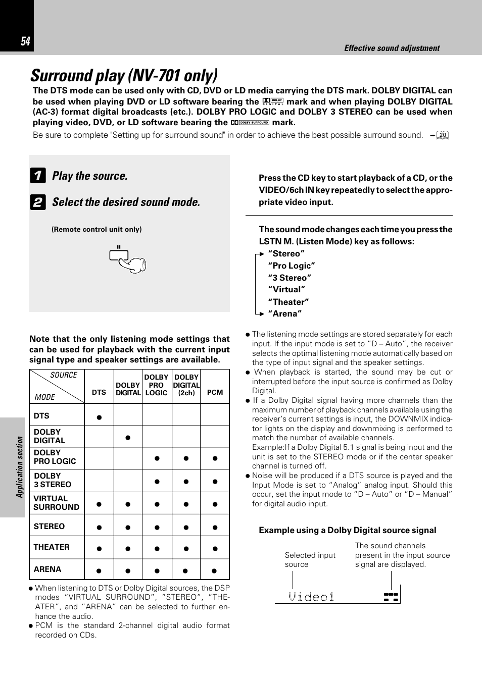 Surround play (nv-701 only), Play the source, Select the desired sound mode | Kenwood NV-701 User Manual | Page 54 / 76
