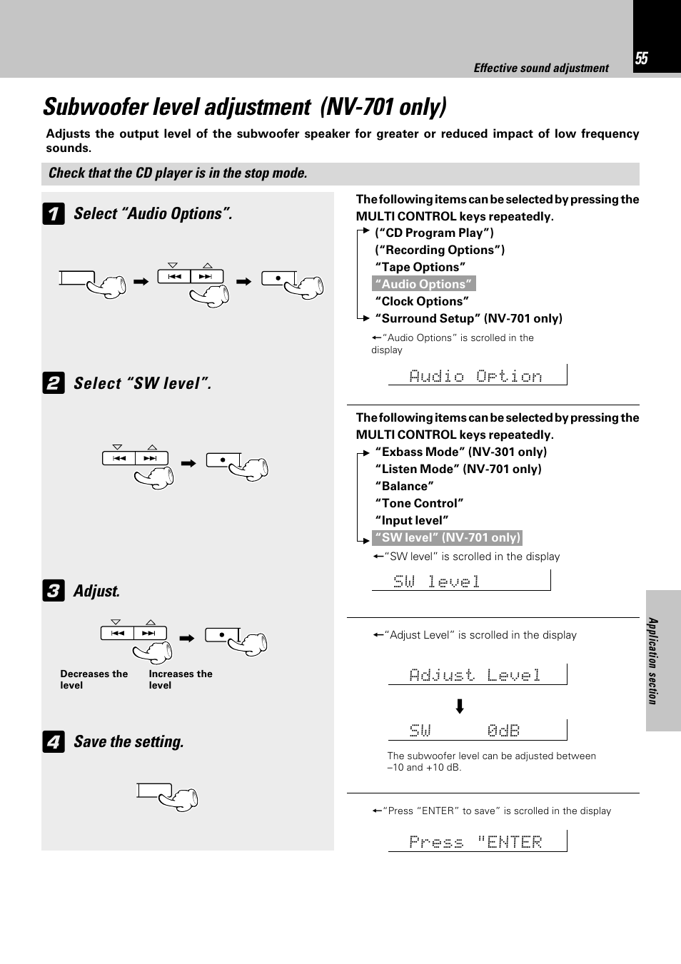 Subwoofer level adjustment (nv-701 only), Select “audio options, Select “sw level | Adjust, Save the setting | Kenwood NV-701 User Manual | Page 55 / 76
