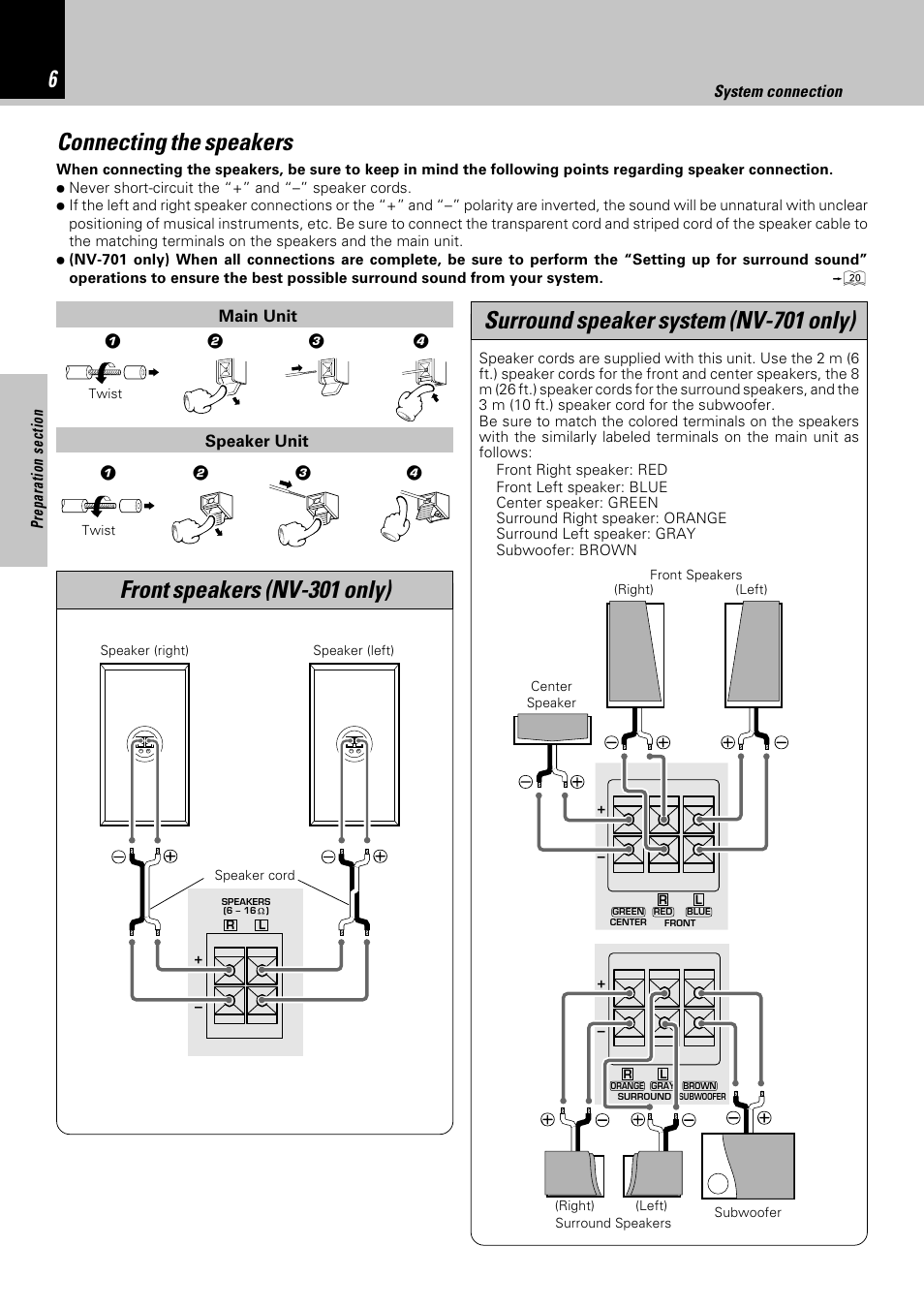 Connecting the speakers | Kenwood NV-701 User Manual | Page 6 / 76