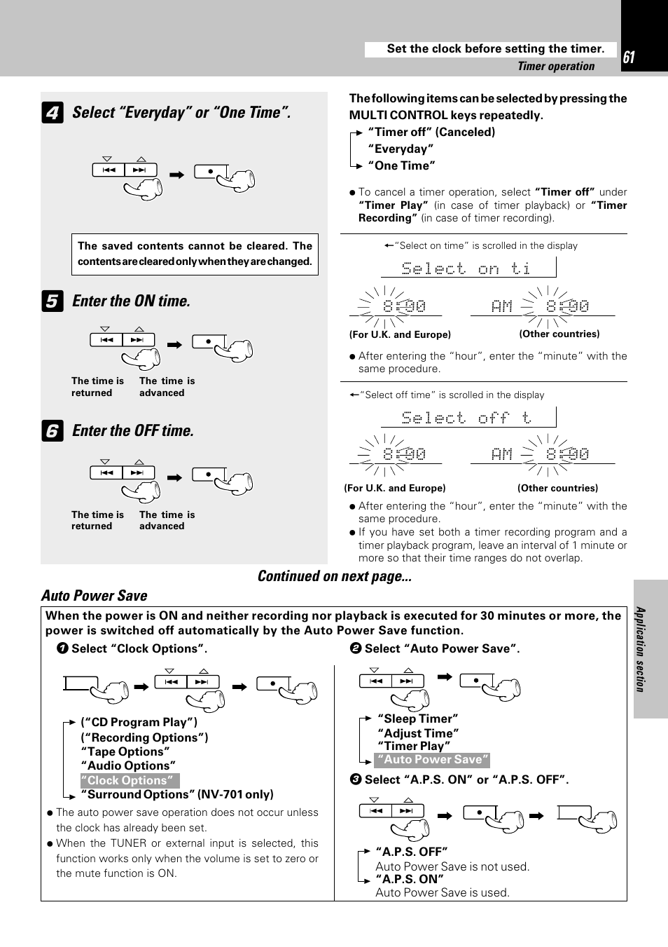 Select “everyday” or “one time, Enter the on time, Enter the off time | Auto power save, Continued on next page | Kenwood NV-701 User Manual | Page 61 / 76