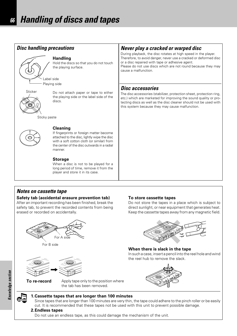 Handling of discs and tapes, Disc handling precautions disc accessories, Never play a cracked or warped disc | Kenwood NV-701 User Manual | Page 66 / 76