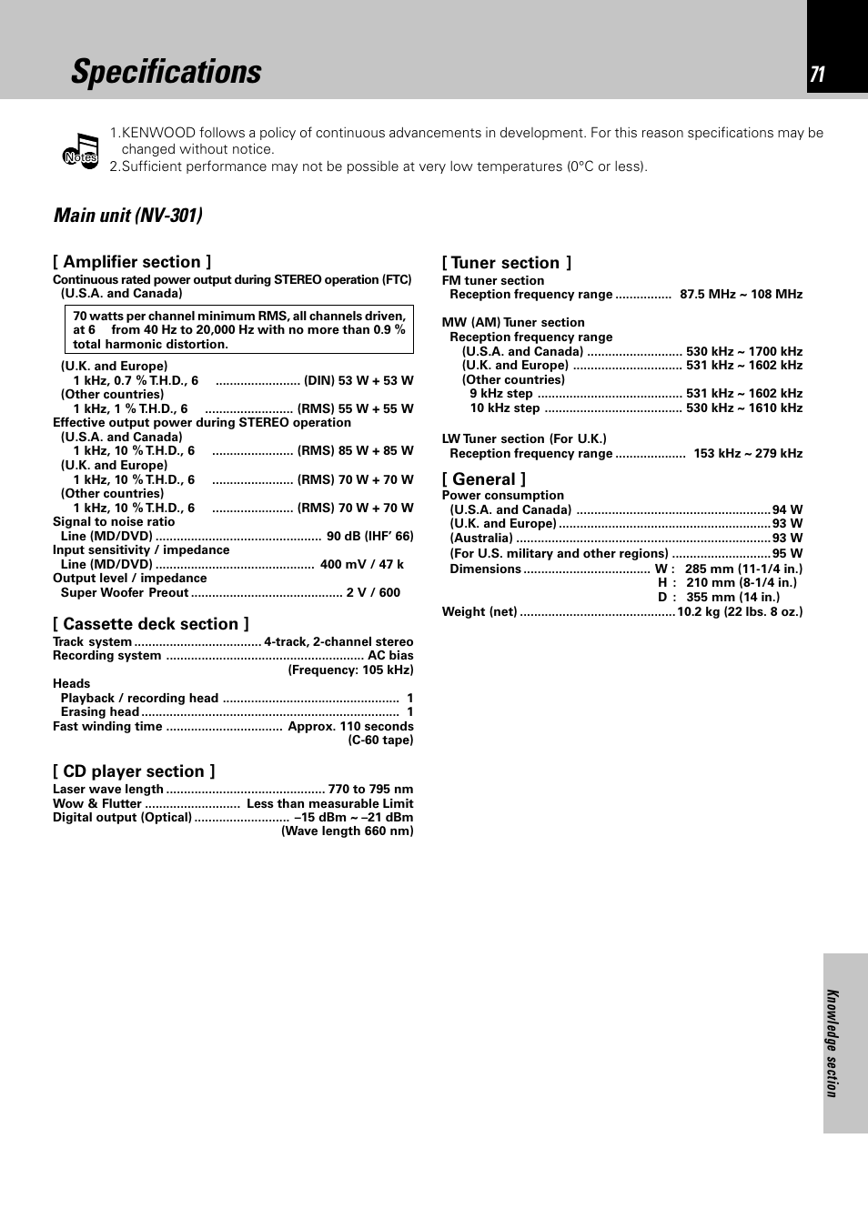 Specifications, Main unit (nv-301), General | Kenwood NV-701 User Manual | Page 71 / 76