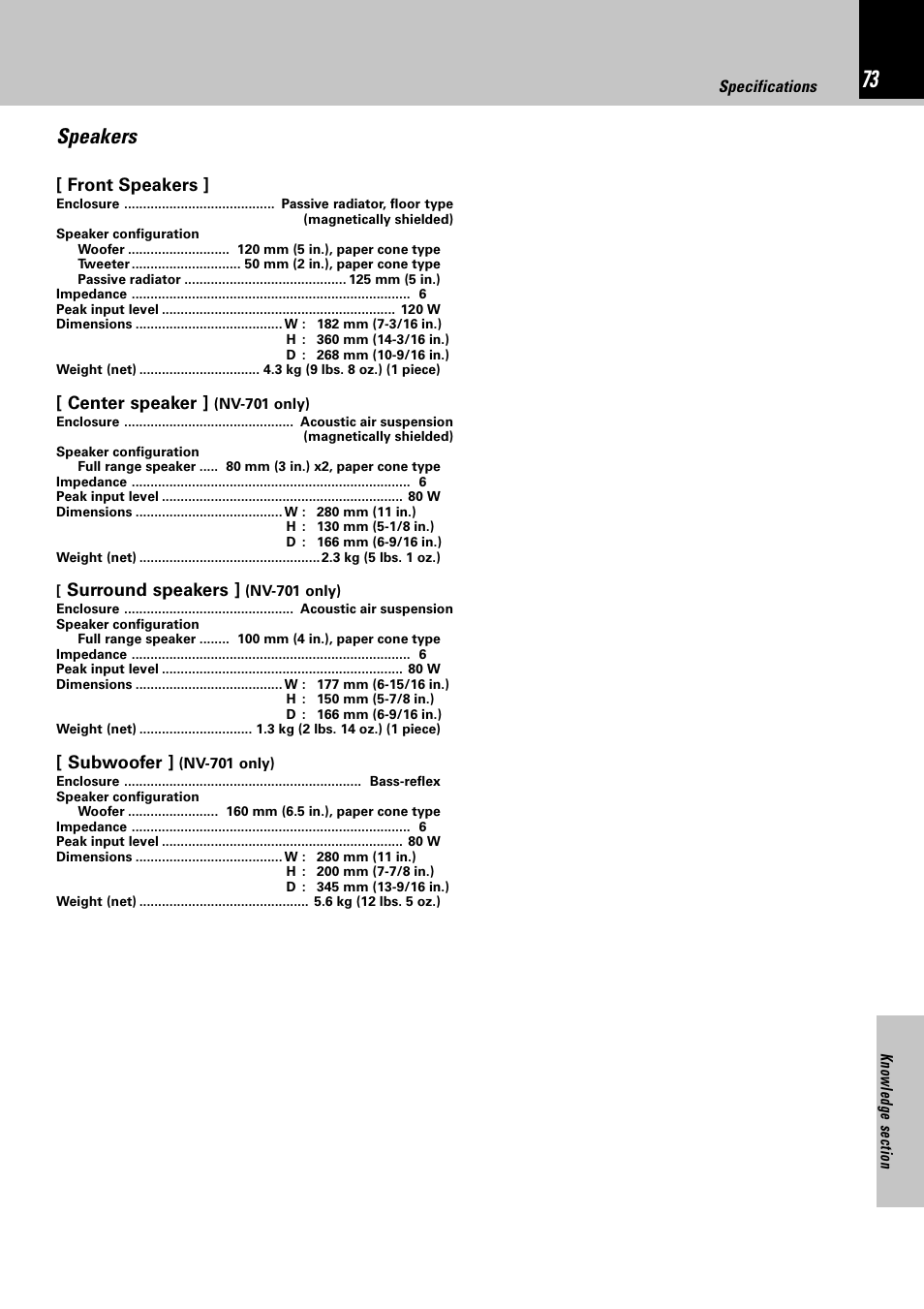 Speakers, Front speakers, Center speaker | Surround speakers, Subwoofer | Kenwood NV-701 User Manual | Page 73 / 76