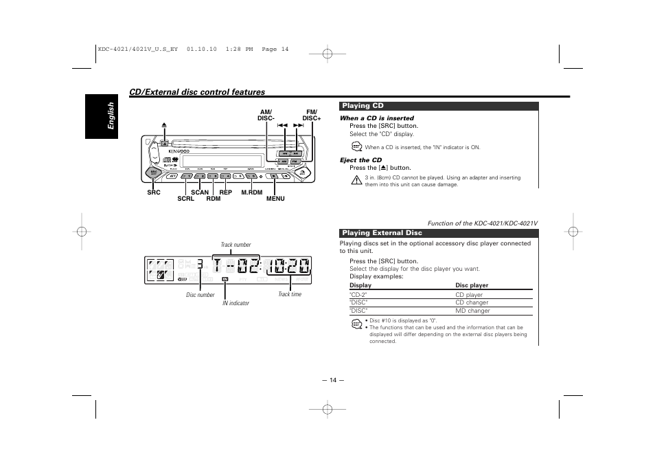 Cd/external disc control features | Kenwood KDC-306  EN User Manual | Page 14 / 32