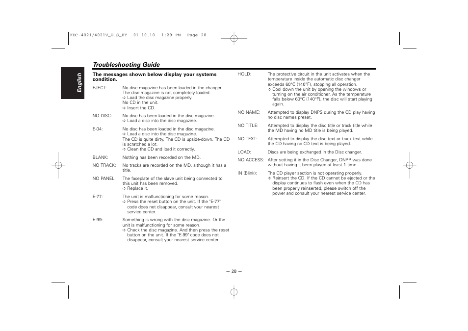 Troubleshooting guide | Kenwood KDC-306  EN User Manual | Page 28 / 32