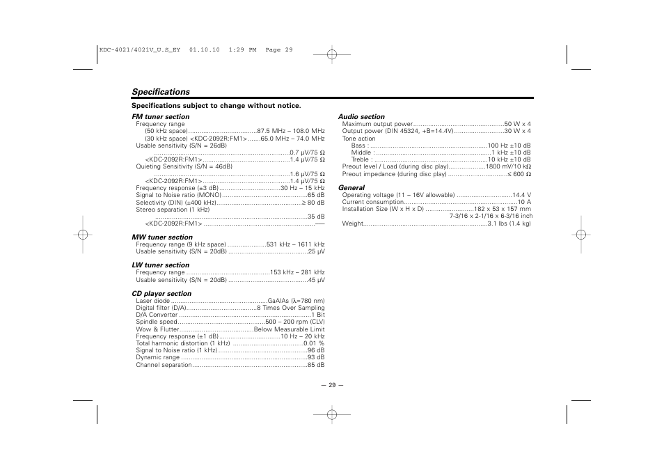 Specifications | Kenwood KDC-306  EN User Manual | Page 29 / 32