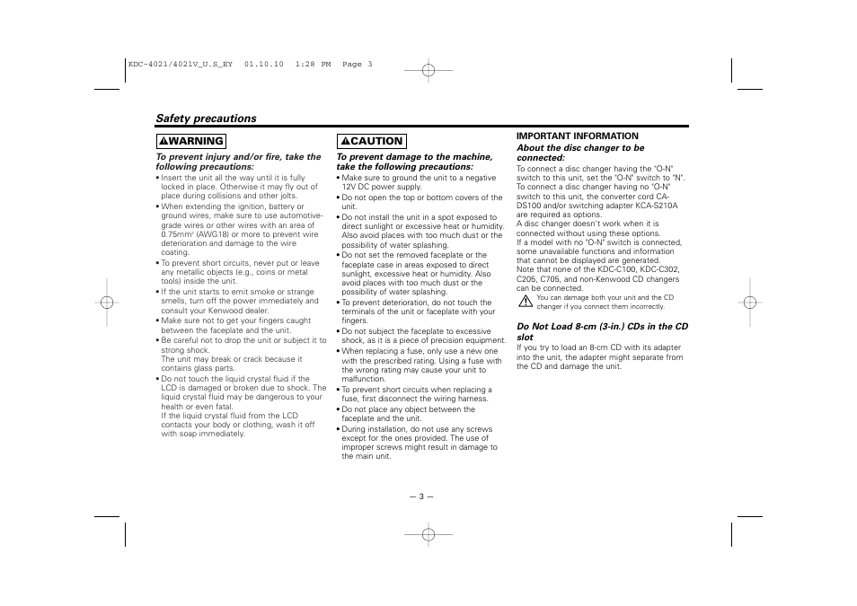 Safety precautions | Kenwood KDC-306  EN User Manual | Page 3 / 32