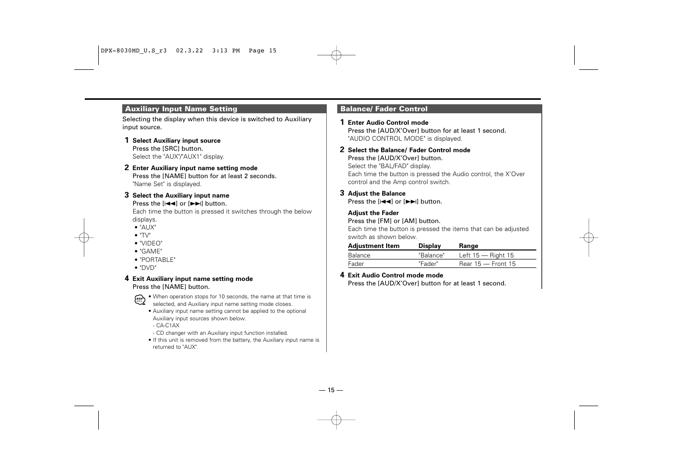 Kenwood DPX-8030MD User Manual | Page 15 / 44