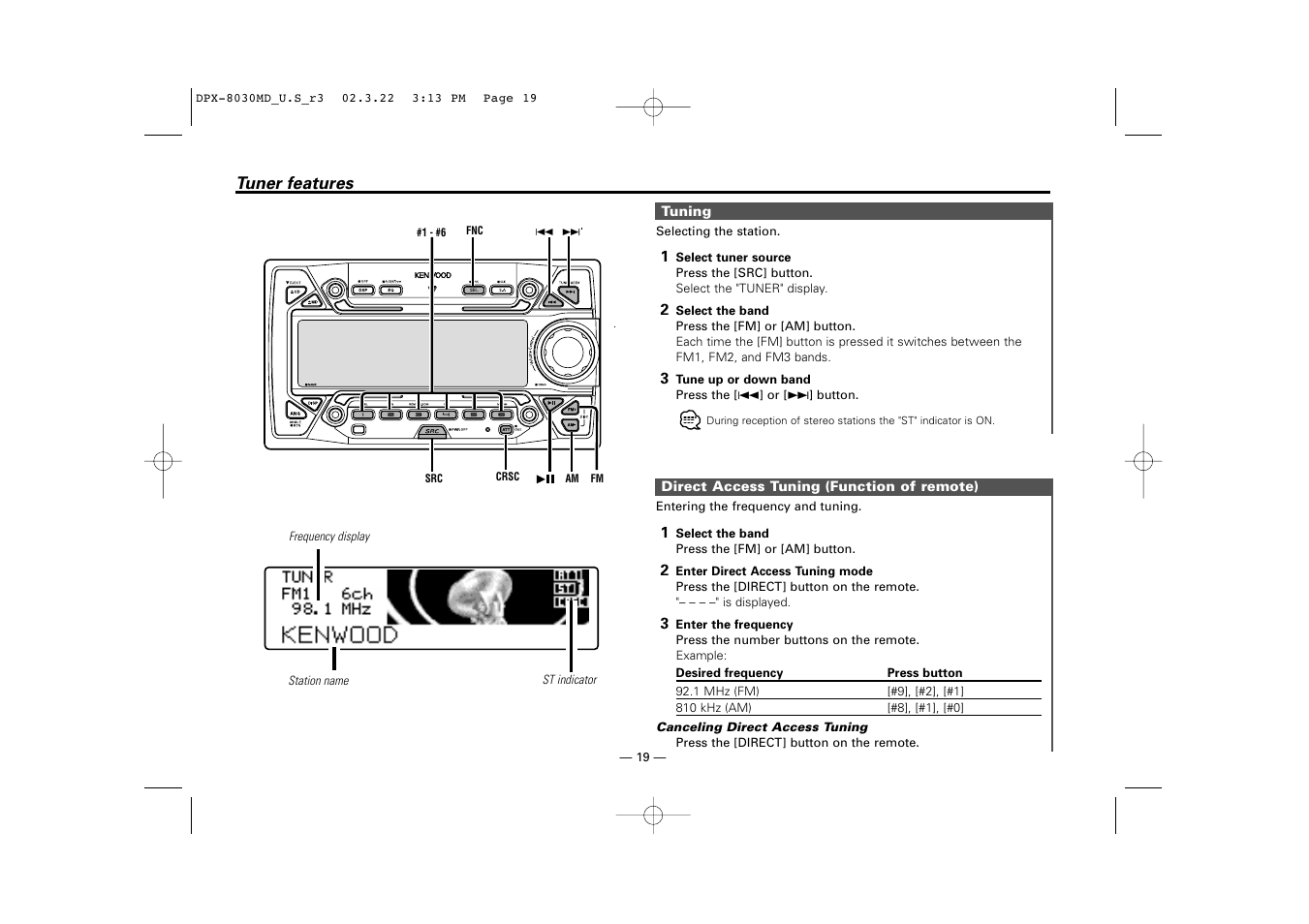 Tuner features | Kenwood DPX-8030MD User Manual | Page 19 / 44