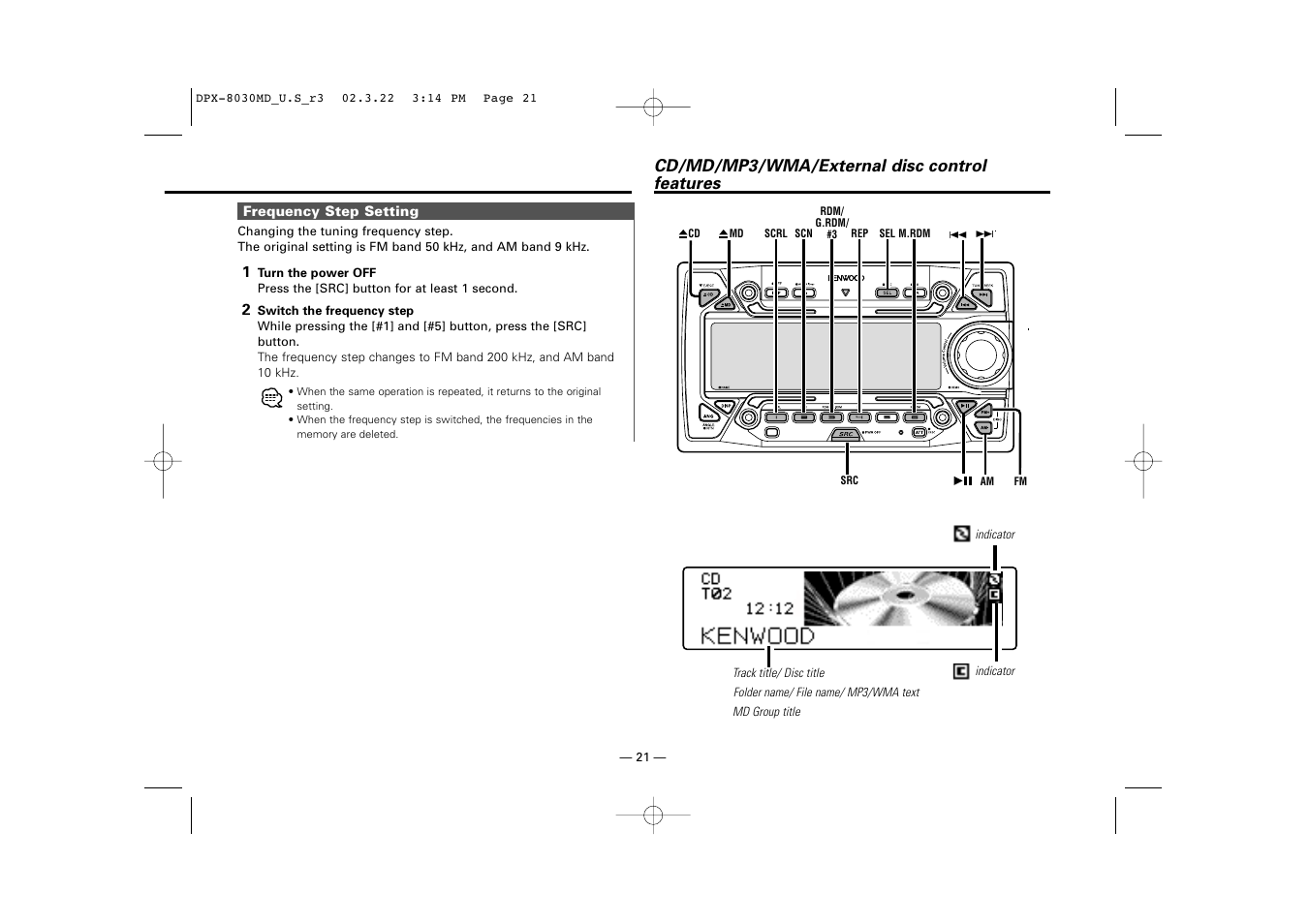 Cd/md/mp3/wma/external disc controlfeatures, Cd/md/mp3/wma/external disc control features | Kenwood DPX-8030MD User Manual | Page 21 / 44