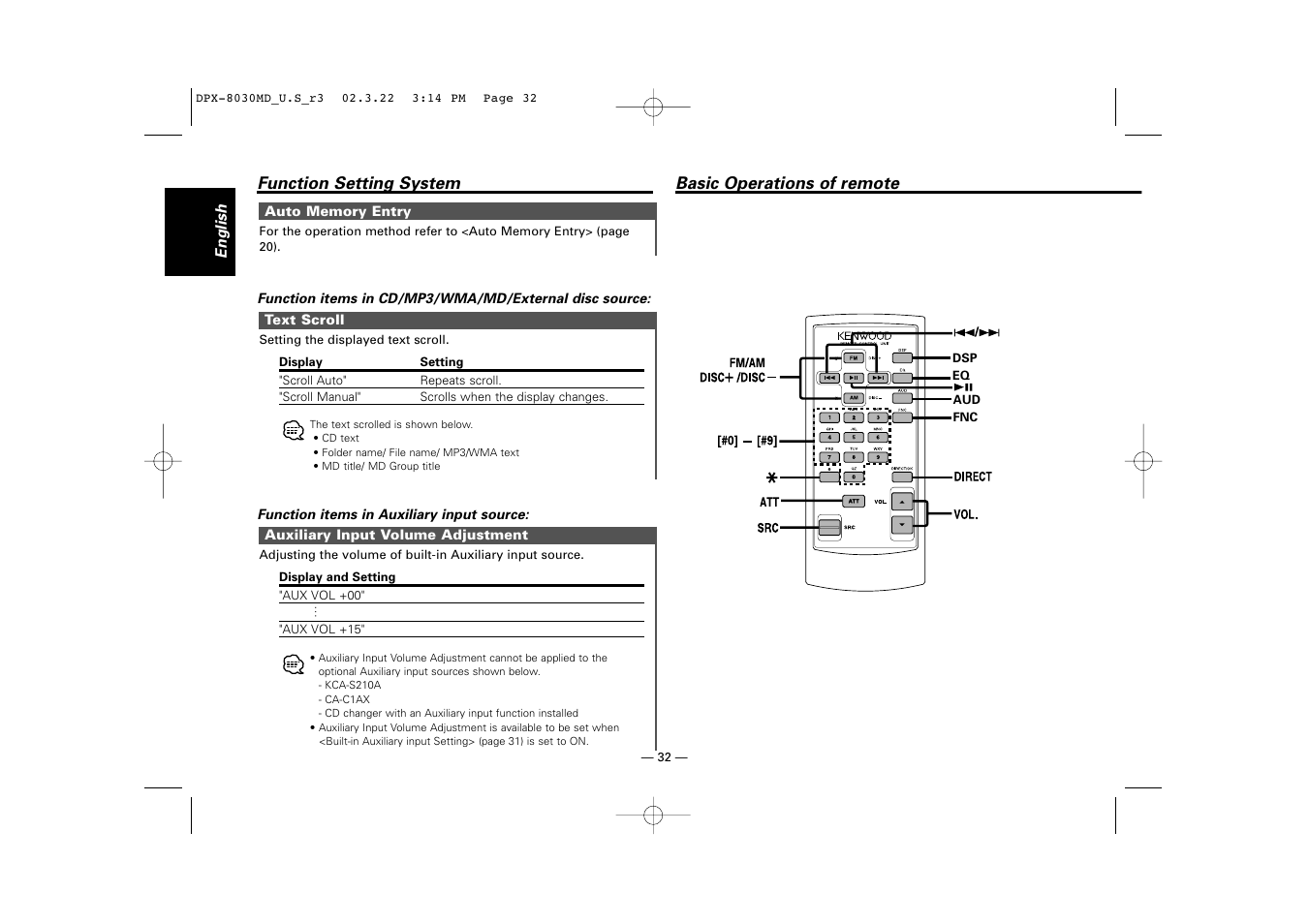 Basic operations of remote | Kenwood DPX-8030MD User Manual | Page 32 / 44