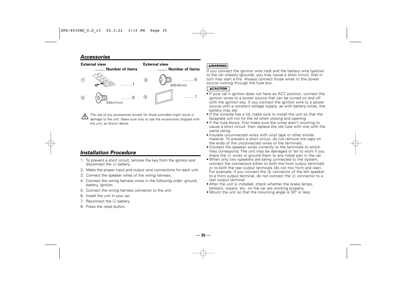 Accessories, Installation procedure | Kenwood DPX-8030MD User Manual | Page 35 / 44