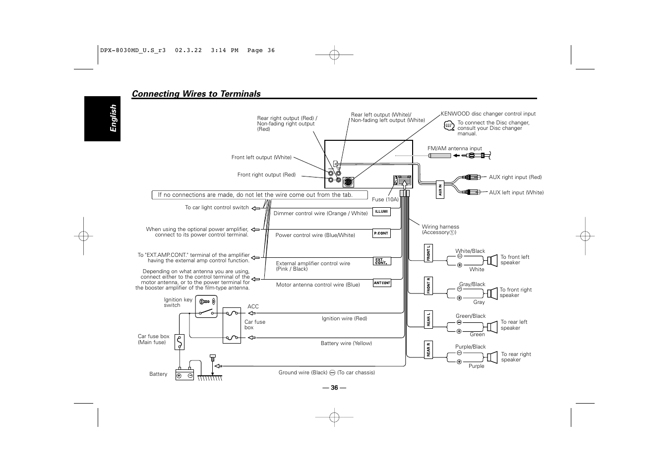 Connecting wires to terminals, English | Kenwood DPX-8030MD User Manual | Page 36 / 44