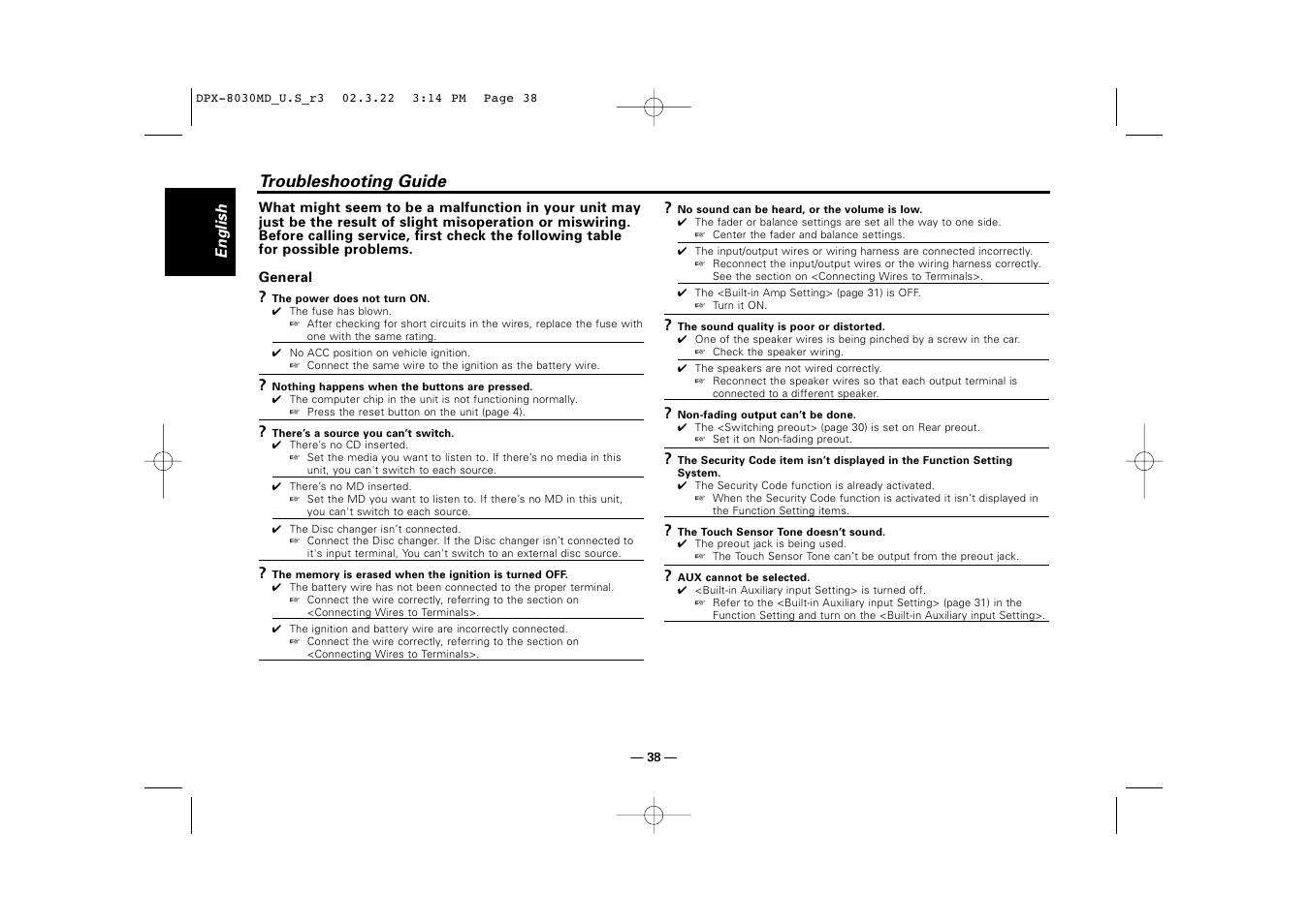 Troubleshooting guide | Kenwood DPX-8030MD User Manual | Page 38 / 44