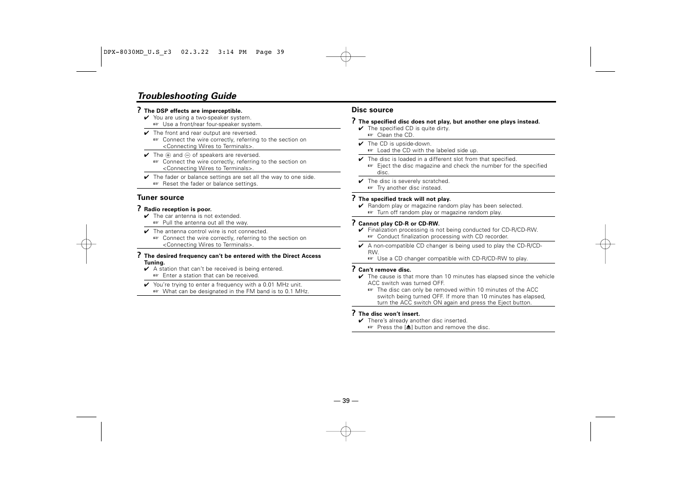 Troubleshooting guide | Kenwood DPX-8030MD User Manual | Page 39 / 44
