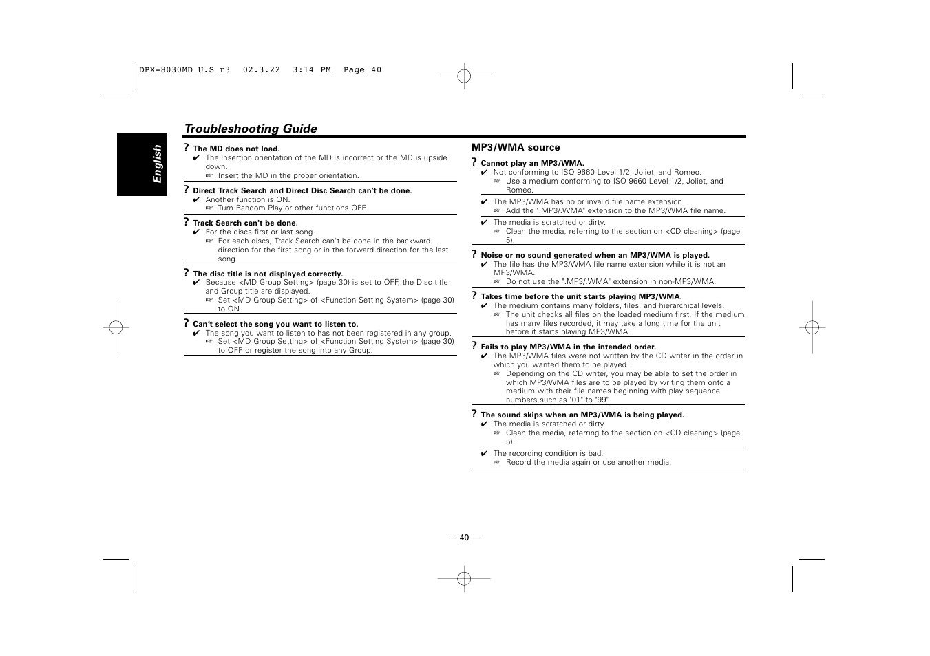 Troubleshooting guide | Kenwood DPX-8030MD User Manual | Page 40 / 44