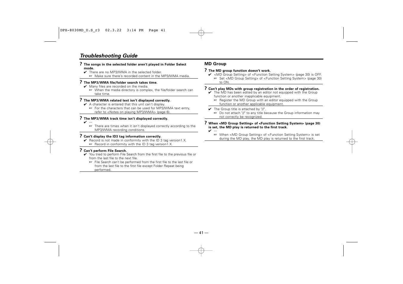 Troubleshooting guide | Kenwood DPX-8030MD User Manual | Page 41 / 44