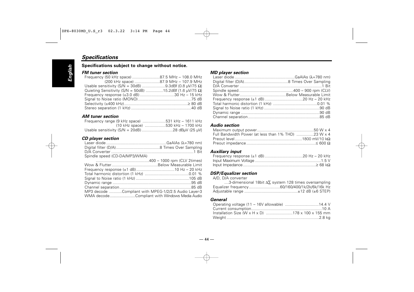 Specifications | Kenwood DPX-8030MD User Manual | Page 44 / 44