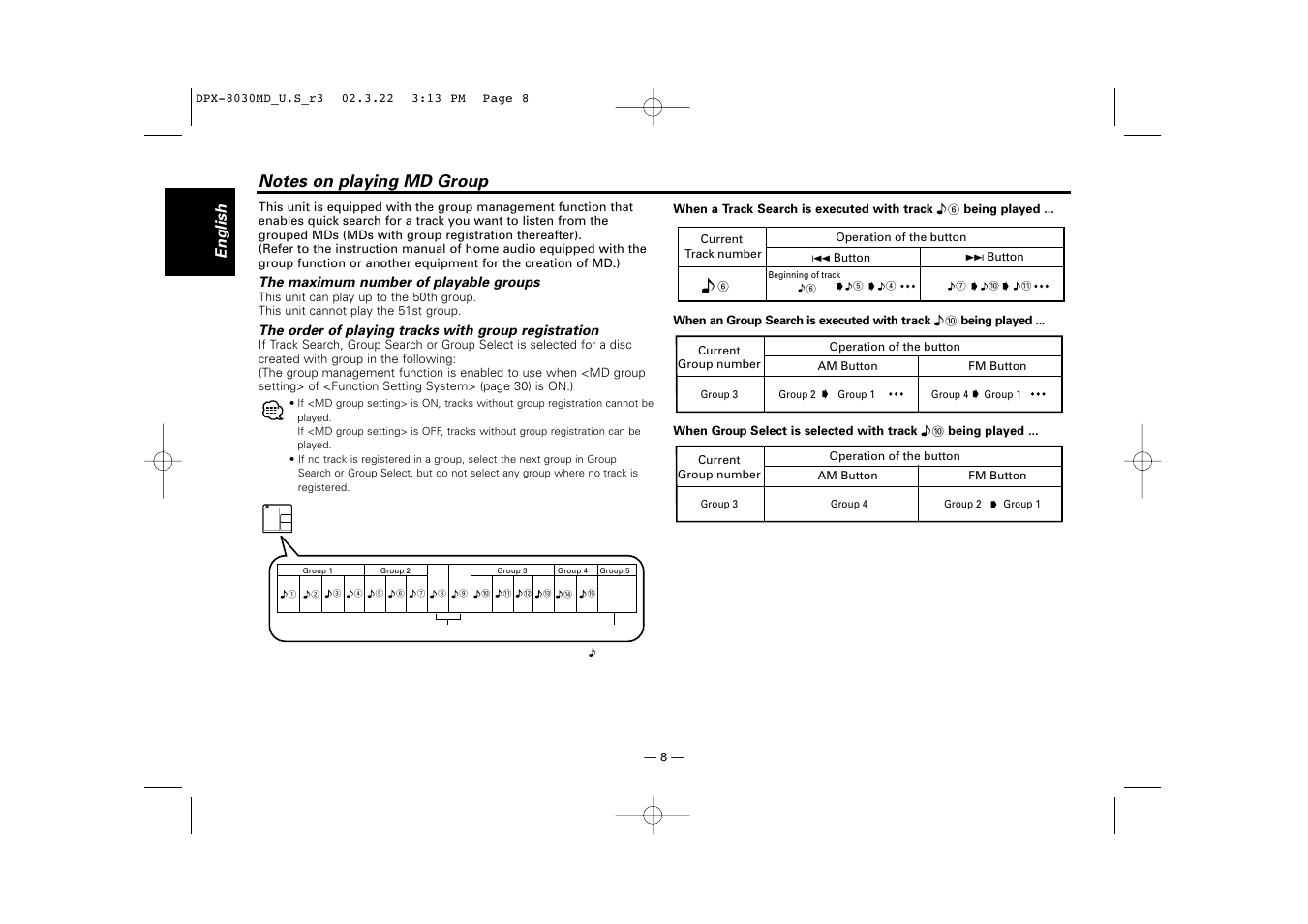 Notes on playing md group, English | Kenwood DPX-8030MD User Manual | Page 8 / 44