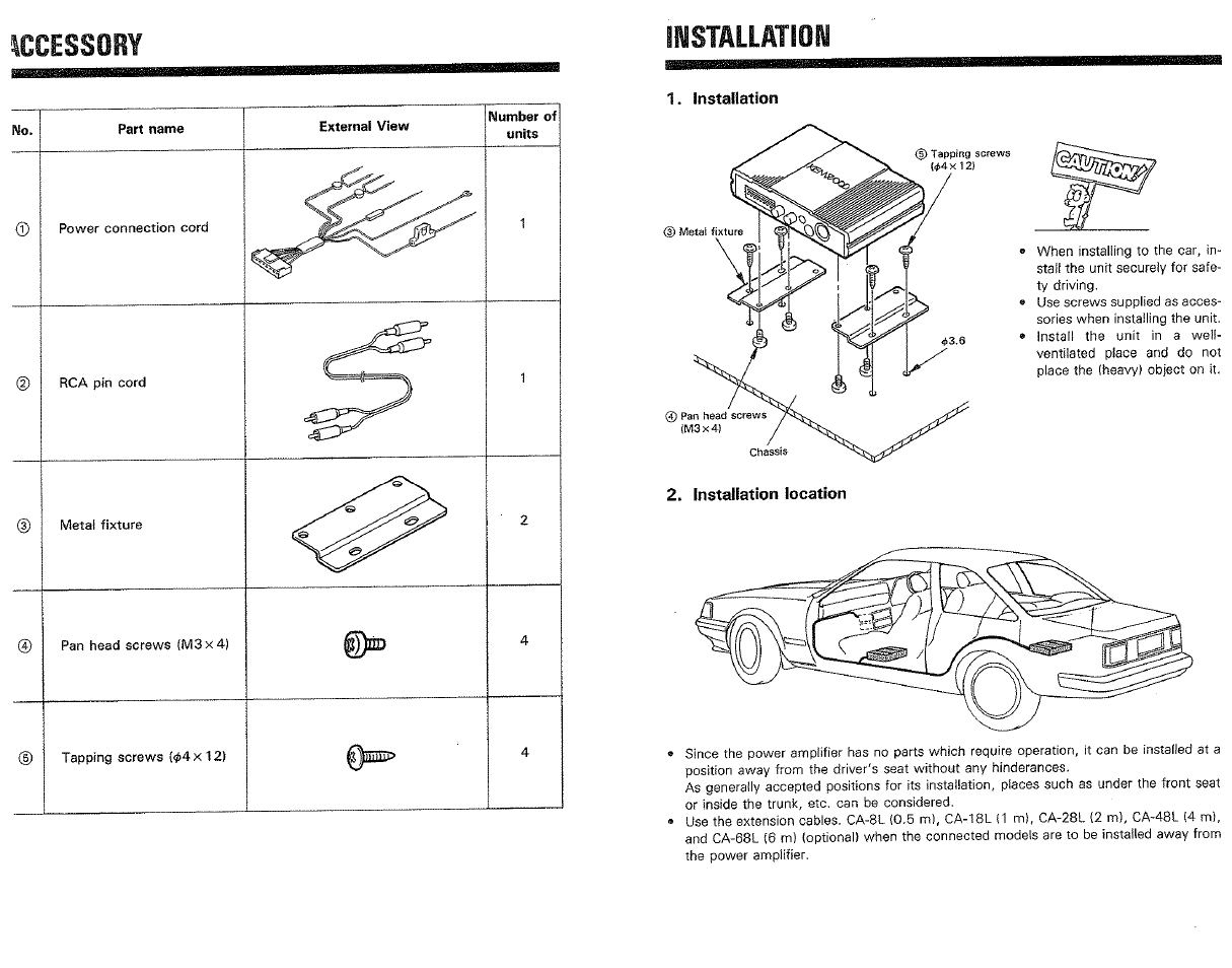 Installation, Installation location, Accessory installation | Kenwood KAC-521 User Manual | Page 2 / 4