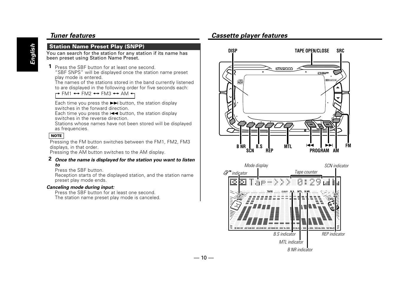Station name preset play (snpp), Cassette player features, Tuner features | English, 1station name preset play (snpp), Fm1 ô fm2 ô fm3 ô am | Kenwood DPX-5010 User Manual | Page 10 / 48