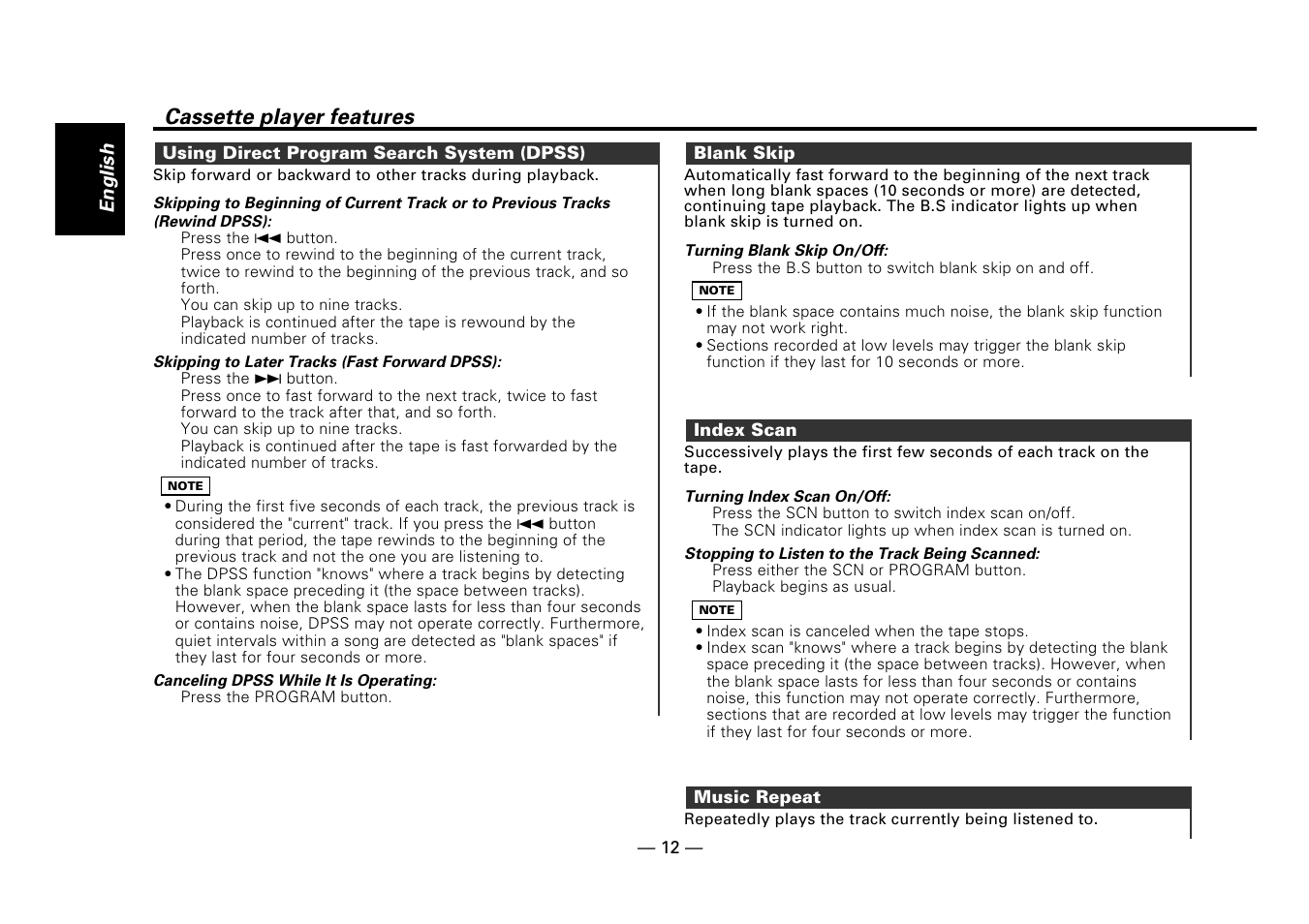 Using direct program search system (dpss), Blank skip, Index scan | Music repeat, Cassette player features | Kenwood DPX-5010 User Manual | Page 12 / 48