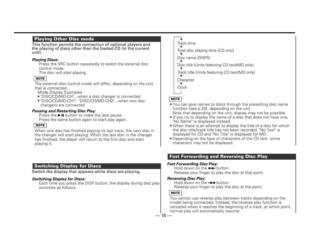 Playing other disc mode, Switching display for discs, Fast forwarding and reversing disc play | Kenwood DPX-5010 User Manual | Page 15 / 48